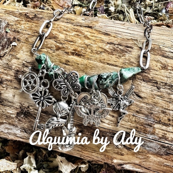 Green turquoise charms statement necklace